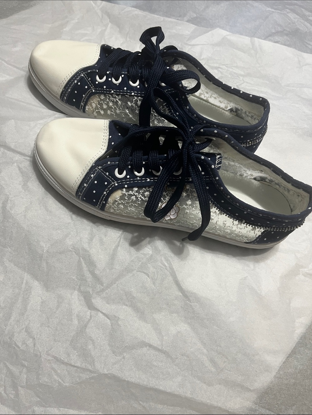 Navy Polka Dot Lace-Up Sneakers with White Toe